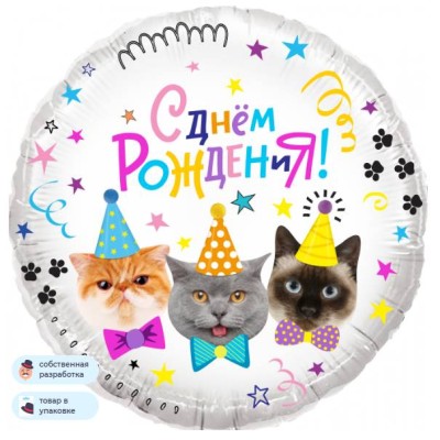 Шар (18\'\'/46 см) Круг, Котики, С Днем Рождения!, 1 шт. в уп. 13344V