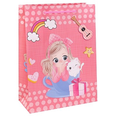 Dream cards Пакет подарочный с мат.лам. 31х40х12см (XL) Девочка котёнком, розовый, 210 г ПКП-3183