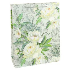 Dream cards Пакет подарочный с мат.лам. и глиттером 31х42х12см (XL) Газета белыми цветами, 210 г ПКП-2612