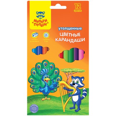 Карандаши Мульти-Пульти "Енот в саванне", 12цв., утолщенные, заточен., картон, европод., с точилкой Мульти-Пульти 240117