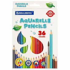 Карандаши цветные акварельные BRAUBERG PREMIUM AQUARELLE, 36 цветов, грифель мягкий 4 мм, 181674
