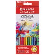Карандаши цветные акварельные BRAUBERG "АКАДЕМИЯ", 12 цветов, шестигранные, высокое качество 181398
