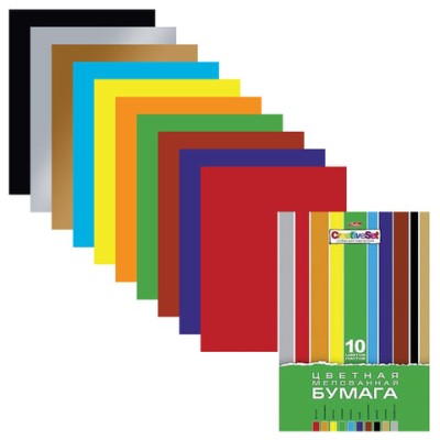 Цветная бумага A4, Hatber "Creative Set", 10л., 10цв., мелованная, в папке 138657
