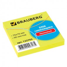 Блок самоклеящийся (стикеры), BRAUBERG, НЕОНОВЫЙ, 76х76 мм, 90 листов, желтый, 122702