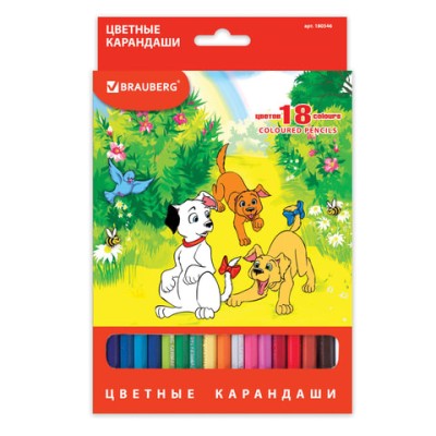 Карандаши цветные BRAUBERG "My lovely dogs", 18 цветов, заточенные, картонная упаковка, 180546