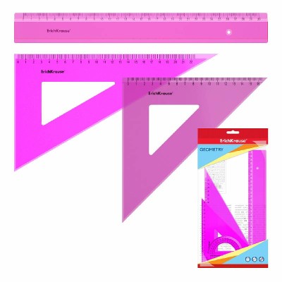 Набор геометрический большой пластиковый ErichKrause Neon, (линейка, 2 угольника, транспортир), розовый, во флоупаке 53018