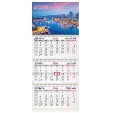 Календарь квартальный на 2026 г., 3 блока, 3 гребня, бегунок, офсет, BRAUBERG, "Город", 116779