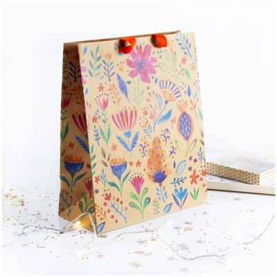 Пакет подарочный 26*32*12см MESHU "Bright flowers", крафт 302927