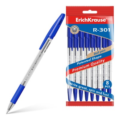 Набор из 8 ручек шариковых ErichKrause R-301 Stick&Grip Classic 1.0, цвет чернил синий 56617
