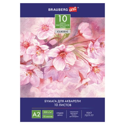 Папка для акварели БОЛЬШОГО ФОРМАТА А2, 10 л., 200 г/м2, BRAUBERG ART, 400х590 мм, "Цветы", 125223