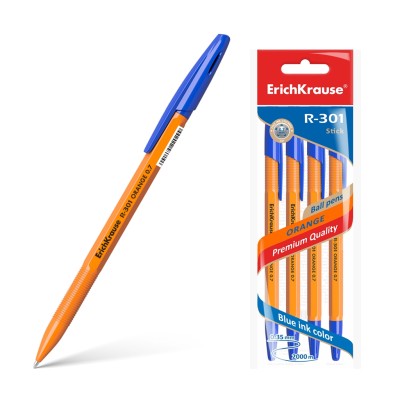 Ручка "R-301 Orange Stick" 4шт/уп синяя 0.7/140мм корпус оранжевый е/п ERICH KRAUSE 22189 083813