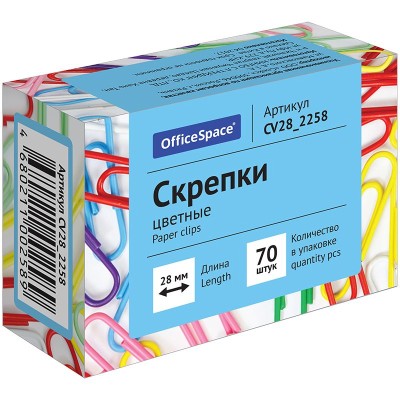 Скрепки цветные 28мм, 70шт., карт. упак. OfficeSpace 186683