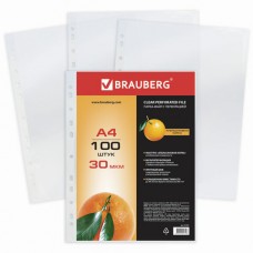 Папки-файлы перфорированные, А4, BRAUBERG, комплект 100 шт., "апельсиновая корка", 30 мкм, 221991