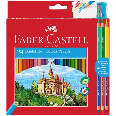 Карандаши цветные Faber-Castell, 24цв.+4, заточен., картон, европодвес, с точилкой Faber-Castell 286621