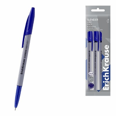 Набор из 4 ручек шариковых ErichKrause Slender Stick Grey 0.7, Super Glide Technology, цвет чернил синий  63087