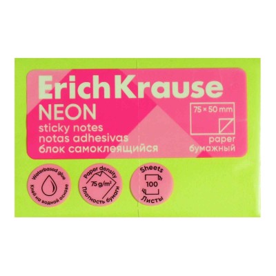 Блок самоклеящийся бумажный ErichKrause Neon, 75х50 мм, 100 листов, зеленый 61692