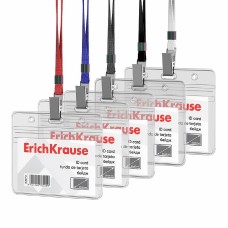 Бейдж горизонтальный в комплекте с лентой ErichKrause размер вставки 95х58 мм, прозрачный, цвет ленты ассорти, в пакете 62071