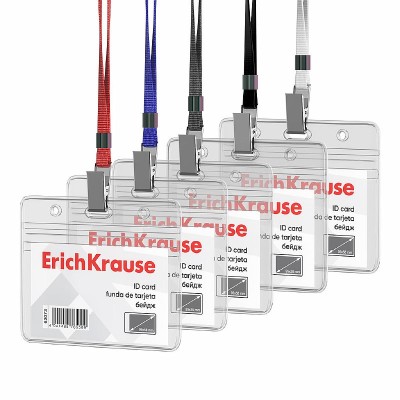 Бейдж горизонтальный в комплекте с лентой ErichKrause размер вставки 95х58 мм, прозрачный, цвет ленты ассорти, в пакете 62071