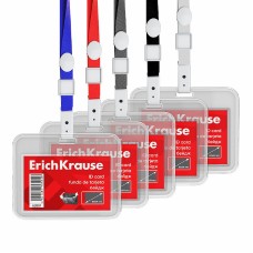 Бейдж горизонтальный в комплекте с лентой ErichKrause книжка, размер вставки 85х54 мм, прозрачный, цвет ленты ассорти, в пакете 62081