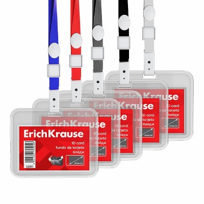 Бейдж горизонтальный в комплекте с лентой ErichKrause книжка, размер вставки 85х54 мм, прозрачный, цвет ленты ассорти, в пакете 62081