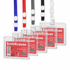 Бейдж горизонтальный в комплекте с лентой ErichKrause слайдер, размер вставки 85х54 мм, прозрачный, цвет ленты ассорти, в пакете 62083