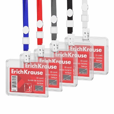 Бейдж горизонтальный в комплекте с лентой ErichKrause слайдер, размер вставки 85х54 мм, прозрачный, цвет ленты ассорти, в пакете 62083