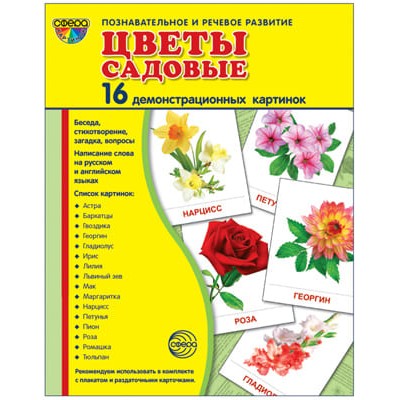 Дем. картинки СУПЕР Цветы садовые. 16 демонстр. картинок с текстом (учебно-методическое пособие с комплектом демонстрационного материала 173х220 мм), 978-5-9949-0987-4