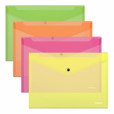 Папка-конверт на кнопке пластиковая ErichKrause Fizzy Neon, A4, полупрозрачный, ассорти 47044