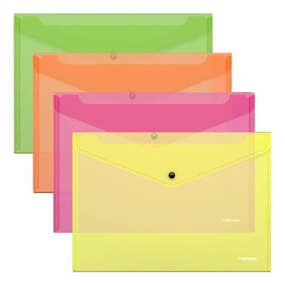 Папка-конверт на кнопке пластиковая ErichKrause Fizzy Neon, A4, полупрозрачный, ассорти 47044