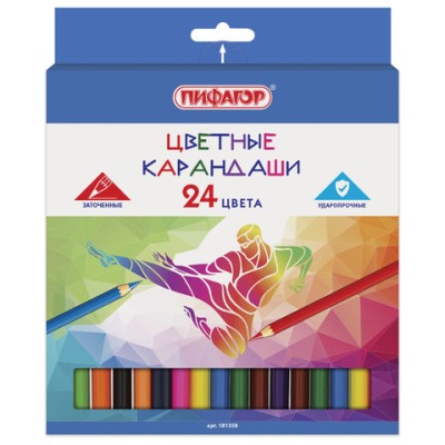 Карандаши цветные ПИФАГОР "БЫСТРЕЕ! ВЫШЕ! СИЛЬНЕЕ!", 24 цвета, классические заточенные, 181358