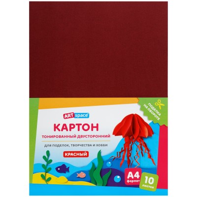 Картон цветной А4, ArtSpace, 10л., тонированный, красный, 180г/м2 315303
