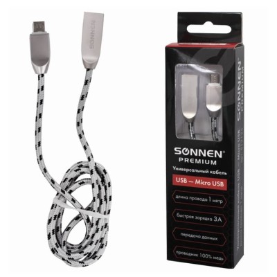 Кабель USB 2.0-micro USB, 1 м, SONNEN Premium, медь, передача данных и быстрая зарядка, 513125