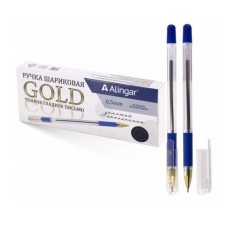 Ручка шариковая на масляной основе, Alingar "Gold", синяя, 0,5 мм, с золотым наконечником, резин. грип, шестигранный прозрач. корпус, карт. уп. AL11419