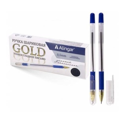 Ручка шариковая на масляной основе, Alingar "Gold", синяя, 0,5 мм, с золотым наконечником, резин. грип, шестигранный прозрач. корпус, карт. уп. AL11419
