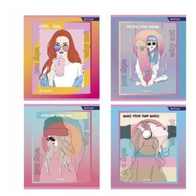 Тетрадь 48л., А5, клетка, Alingar "Positive girls", скрепка, мелованный картон (стандарт), блок офсет AL10392
