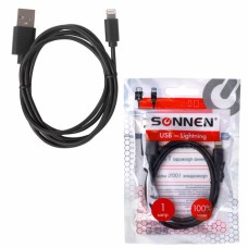 Кабель USB2.0 – Lightning, 1 м, SONNEN, медь, для передачи данных и зарядки, черный, 513116